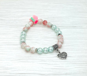 Romantic marbled pink and mint glass beaded stretch bracelet