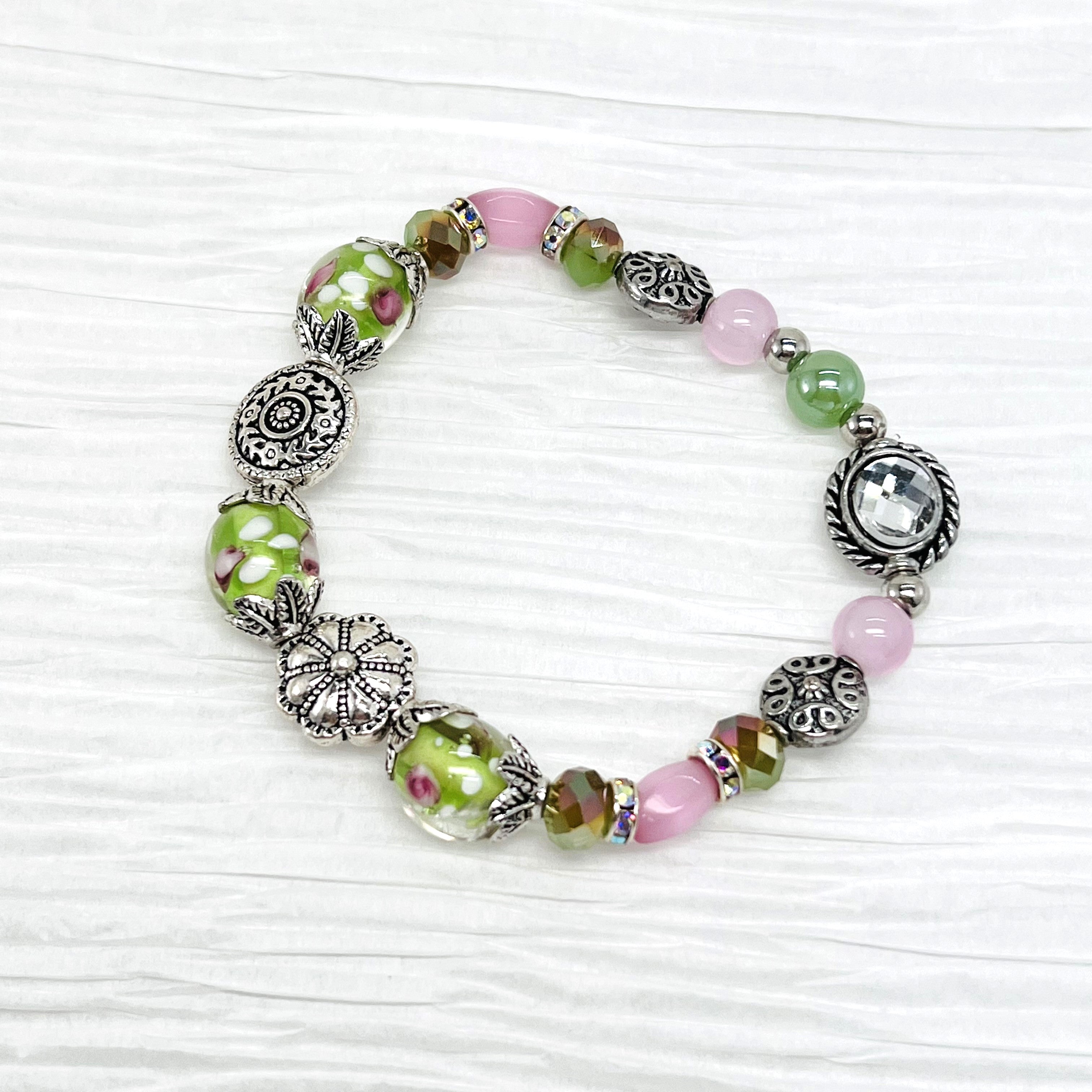 Pink and green lampwork glass beaded stretch bracelet and earring set