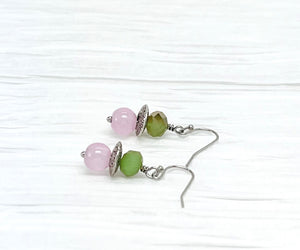 Pink and green lampwork glass beaded stretch bracelet and earring set