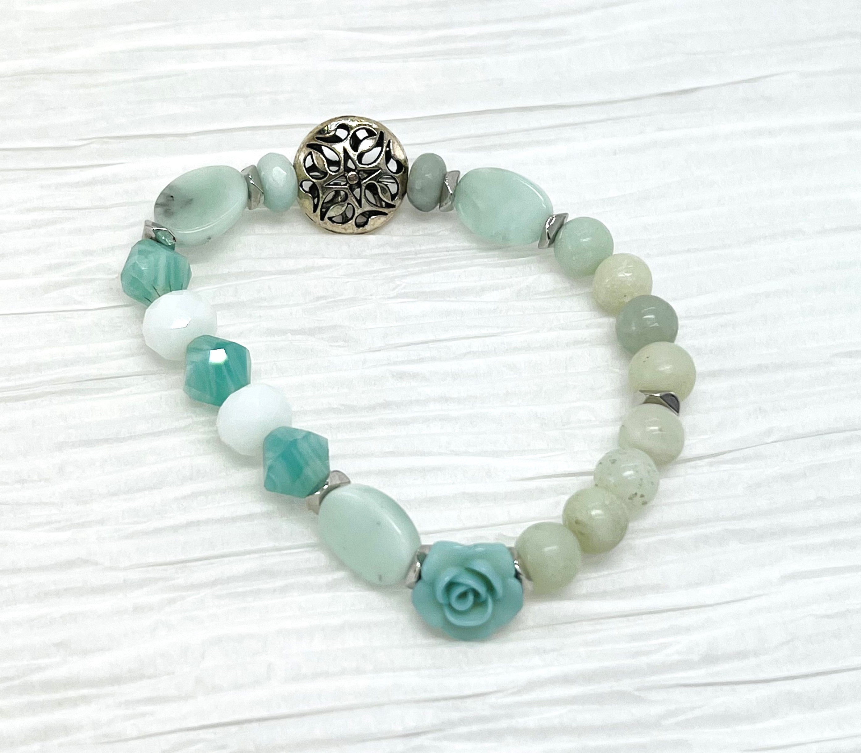 Playful and optimistic Amazonite semiprecious gemstone stretch bracelet.