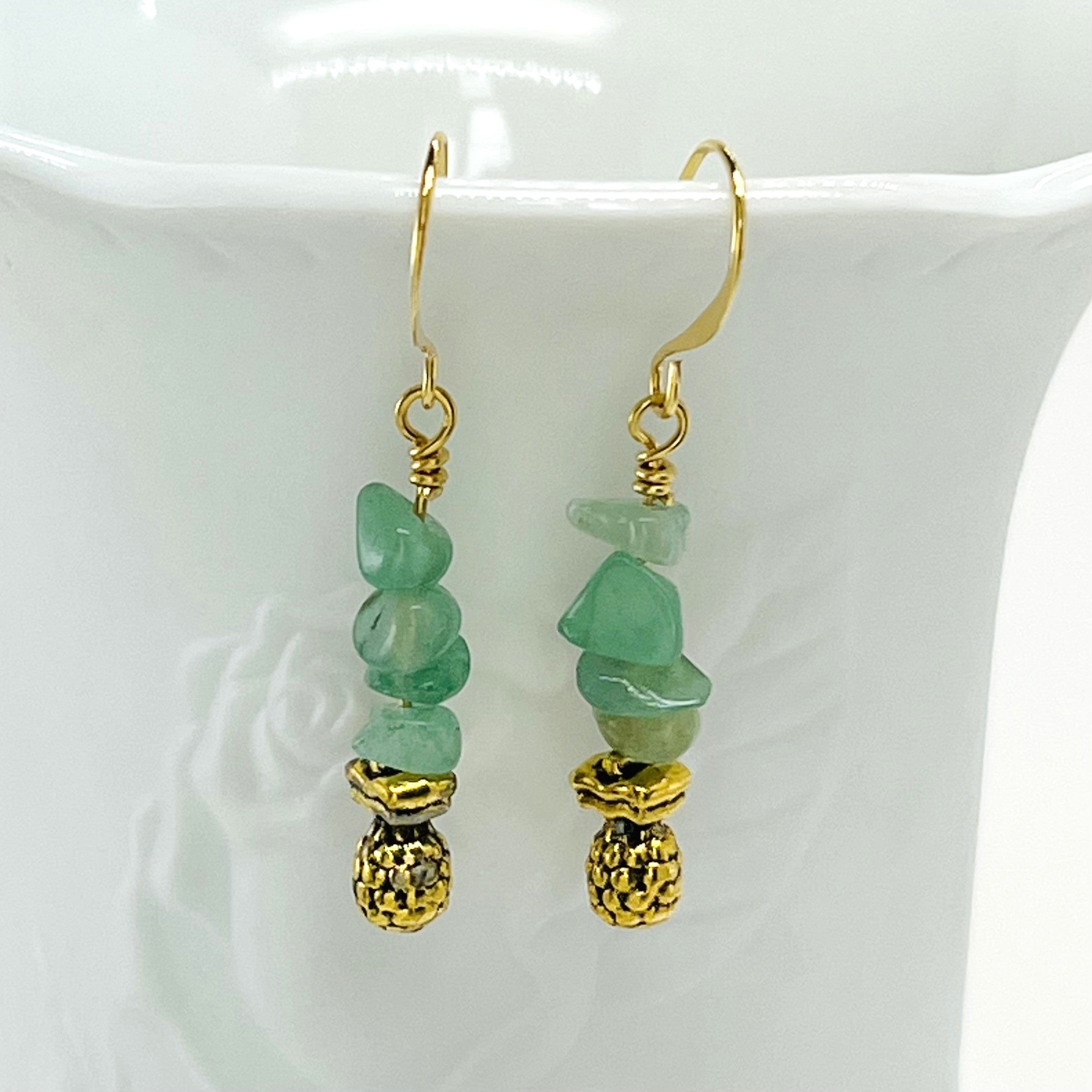 Bracelet and earring set with semiprecious green aventurine and yellow citrine with gold accents and pineapple charms