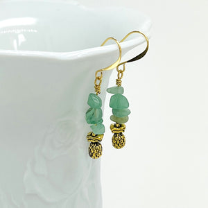 Bracelet and earring set with semiprecious green aventurine and yellow citrine with gold accents and pineapple charms