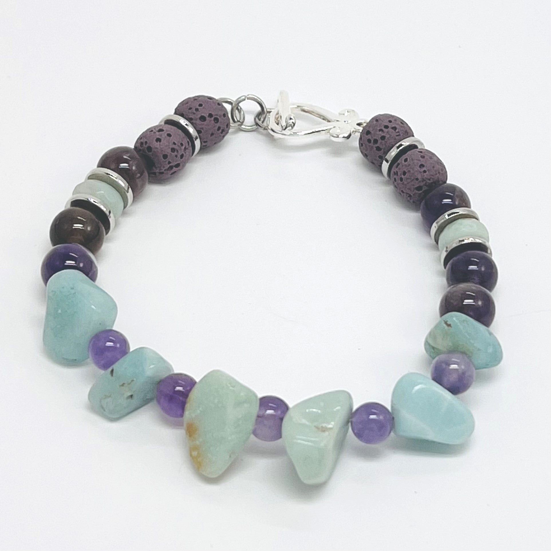 Bracelet of semiprecious amazonite and amethyst with lava beads for your personal essential oil