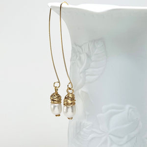 Long elegant fresh water pearl earrings with gold accents