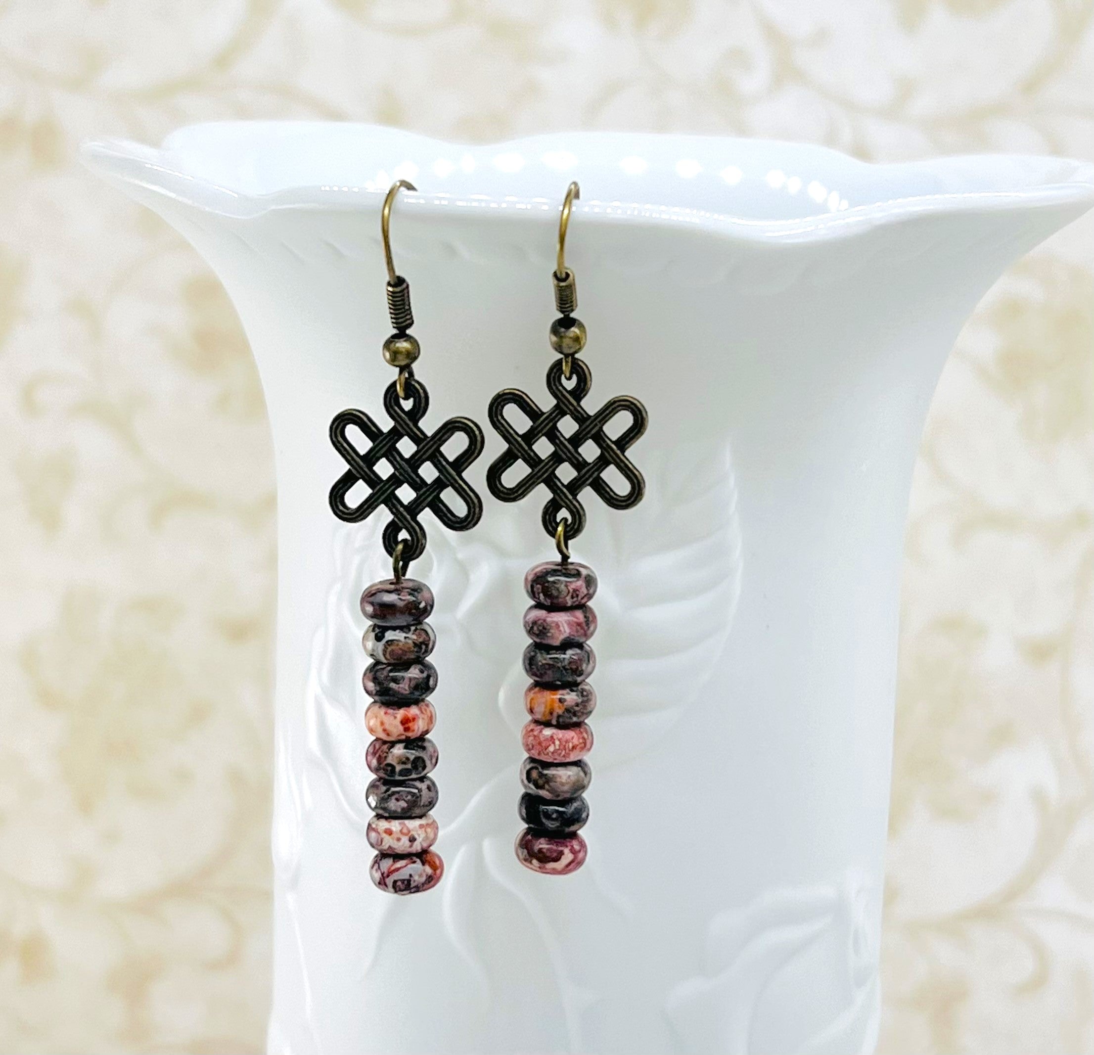 Boho style earrings of lovely Leopard Jasper gemstones and antique brass Celtic love knot