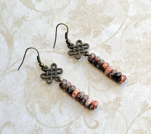 Boho style earrings of lovely Leopard Jasper gemstones and antique brass Celtic love knot