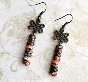 Boho style earrings of lovely Leopard Jasper gemstones and antique brass Celtic love knot