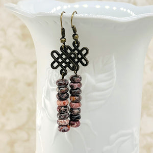 Boho style earrings of lovely Leopard Jasper gemstones and antique brass Celtic love knot