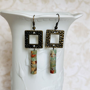 Antique brass and snake skin jasper earrings