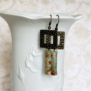 Antique brass and snake skin jasper earrings