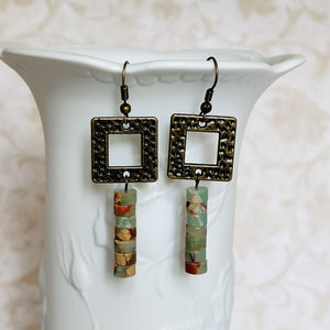 Antique brass and snake skin jasper earrings