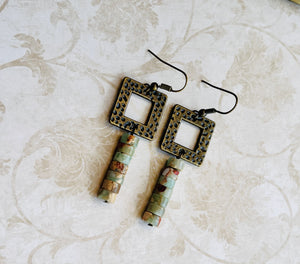 Antique brass and snake skin jasper earrings