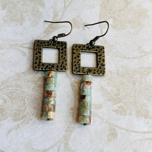 Antique brass and snake skin jasper earrings