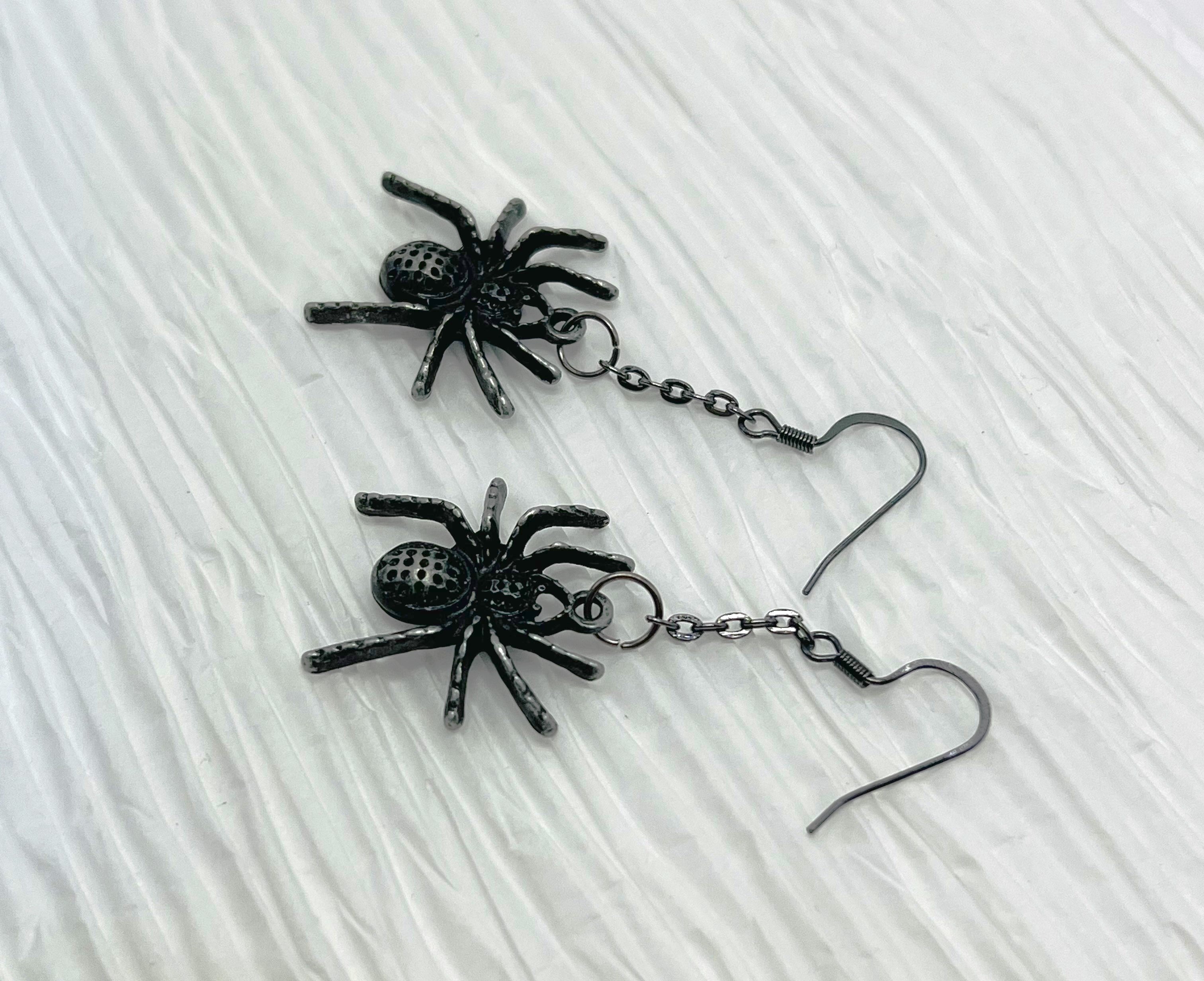 Creepy crawly black metal spider earrings