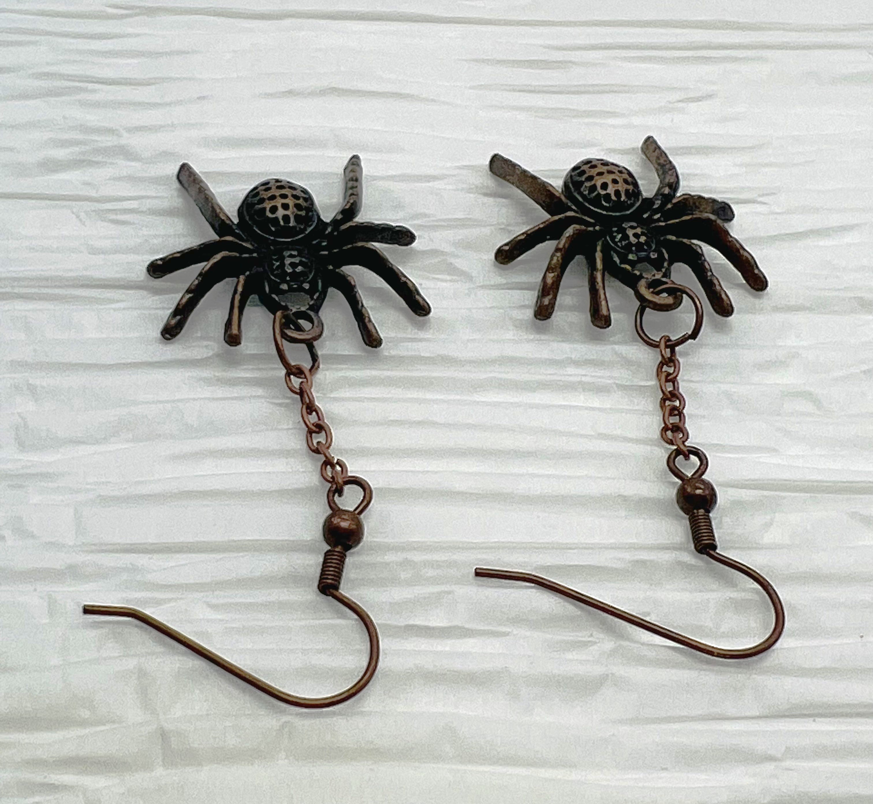 Creepy crawly antique copper metal spider earrings