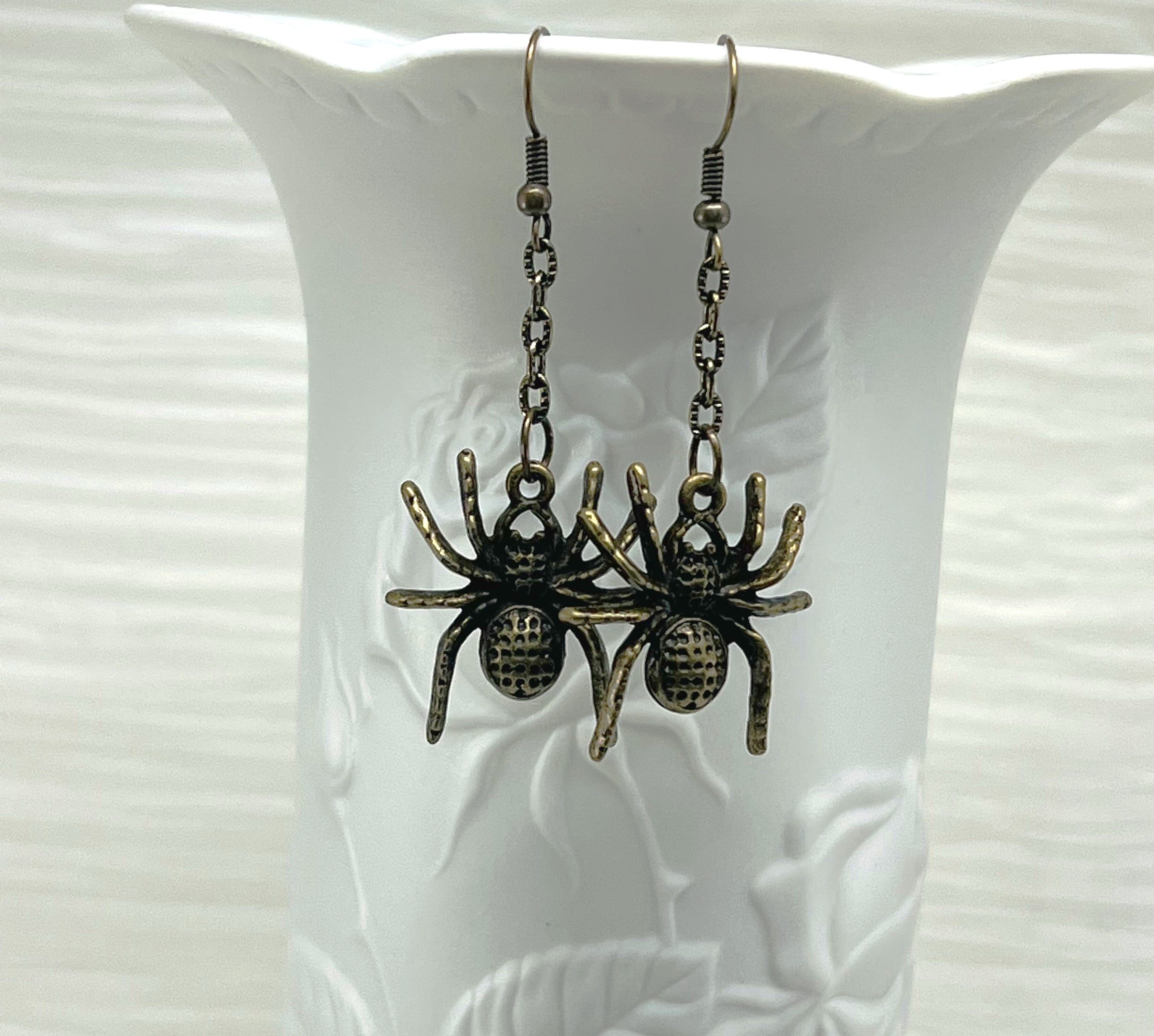 Creepy crawly spider earrings in antique bronze metal