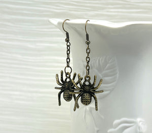 Creepy crawly spider earrings in antique bronze metal