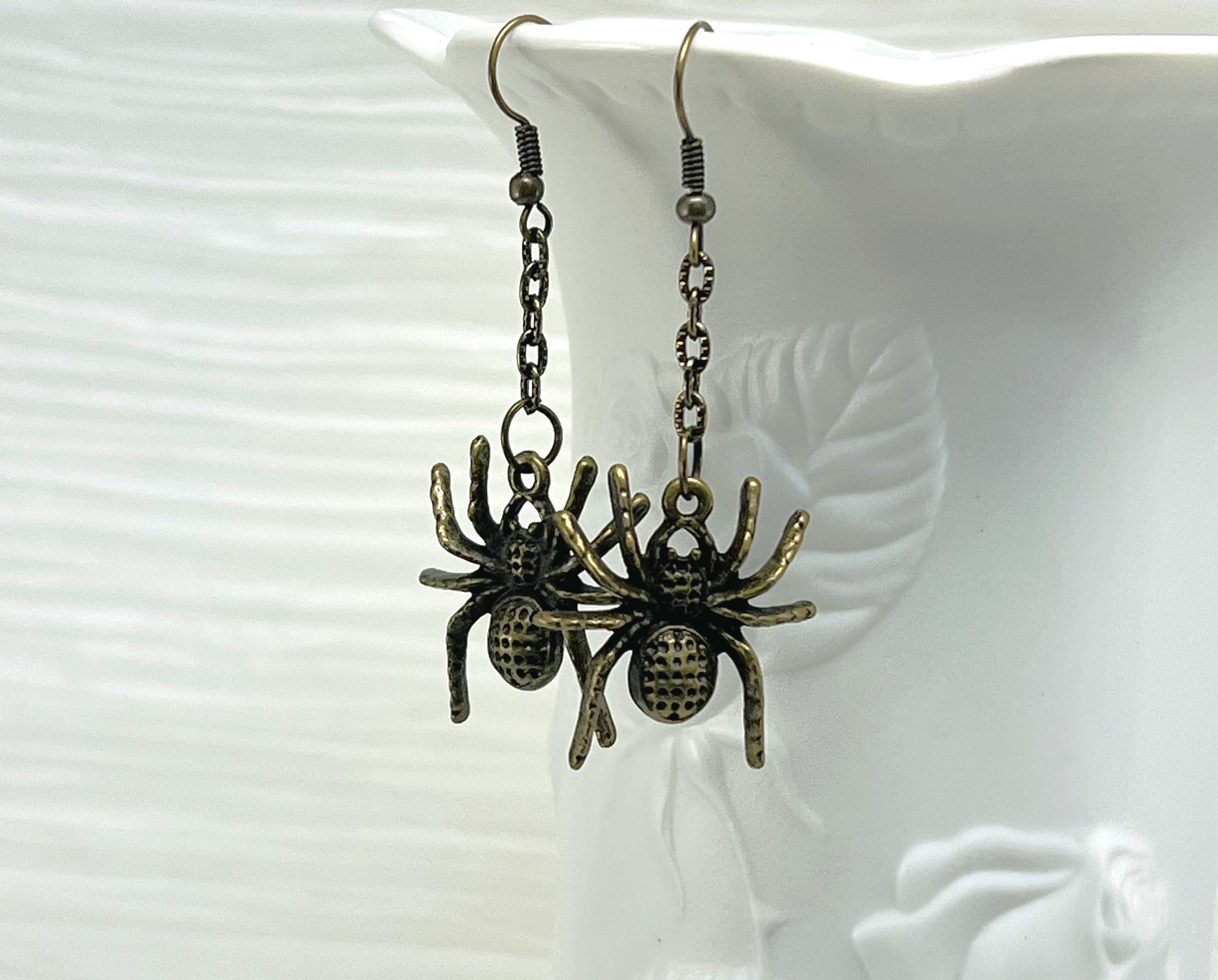 Creepy crawly spider earrings in antique bronze metal