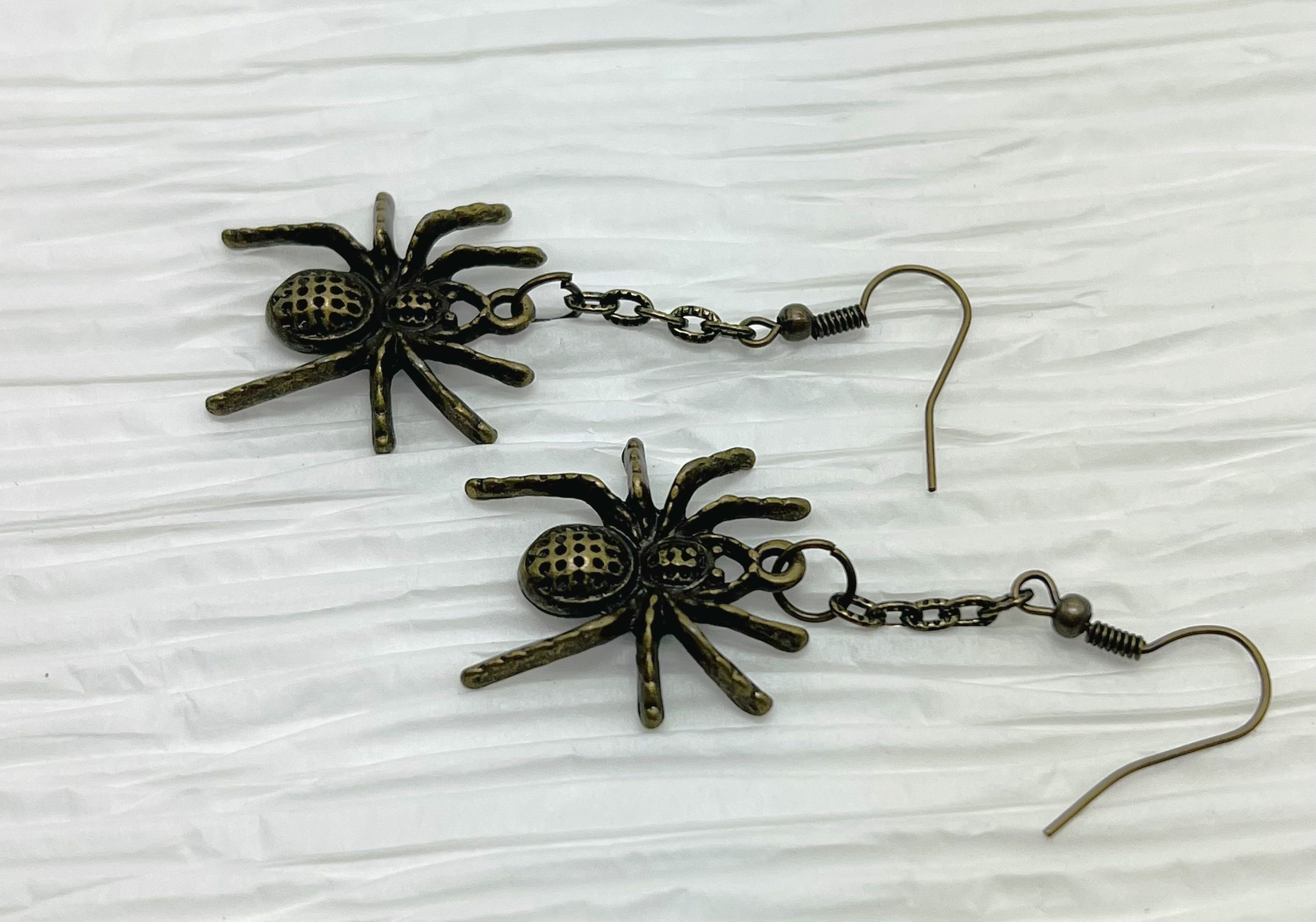 Creepy crawly spider earrings in antique bronze metal