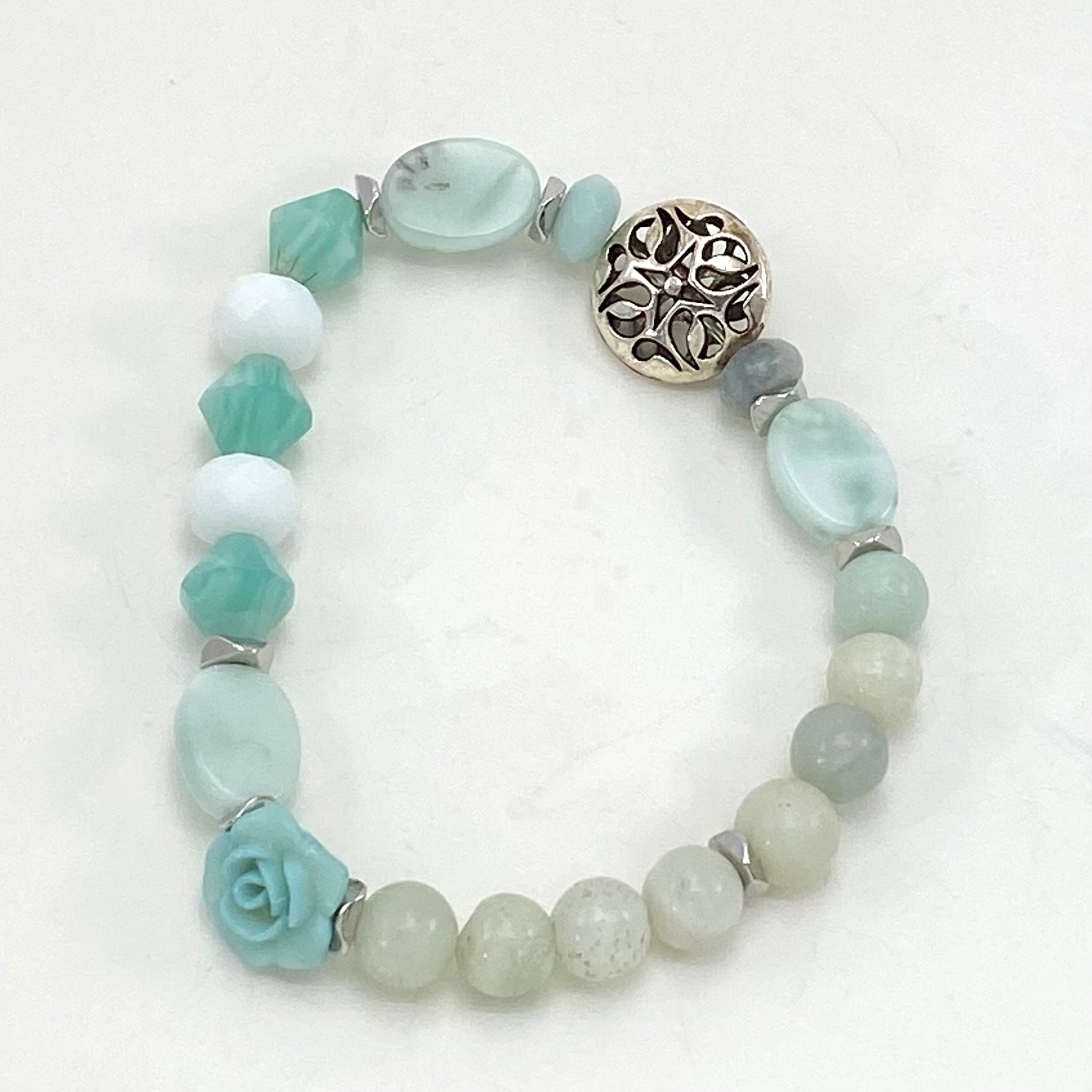 Playful and optimistic Amazonite semiprecious gemstone stretch bracelet.