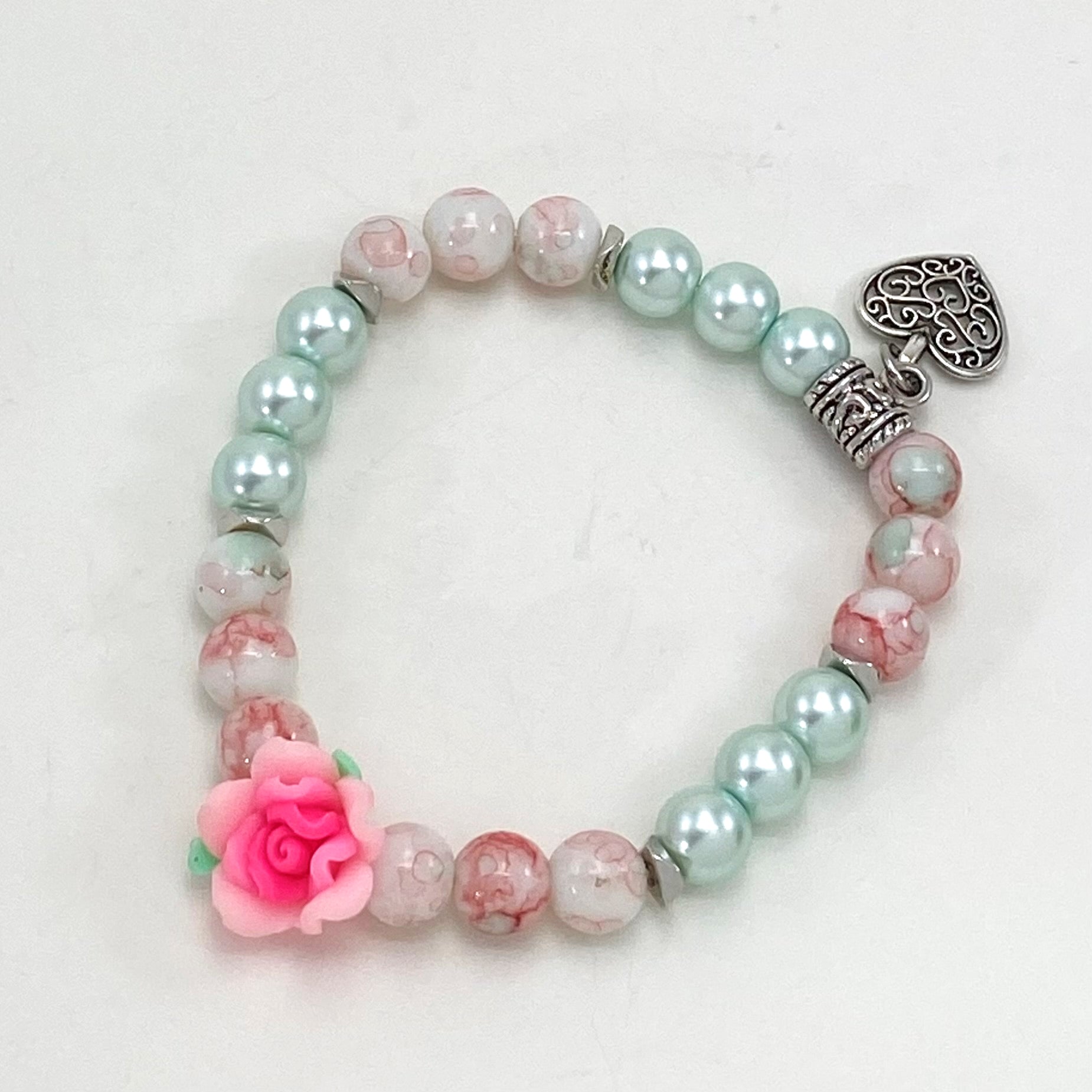 Romantic marbled pink and mint glass beaded stretch bracelet