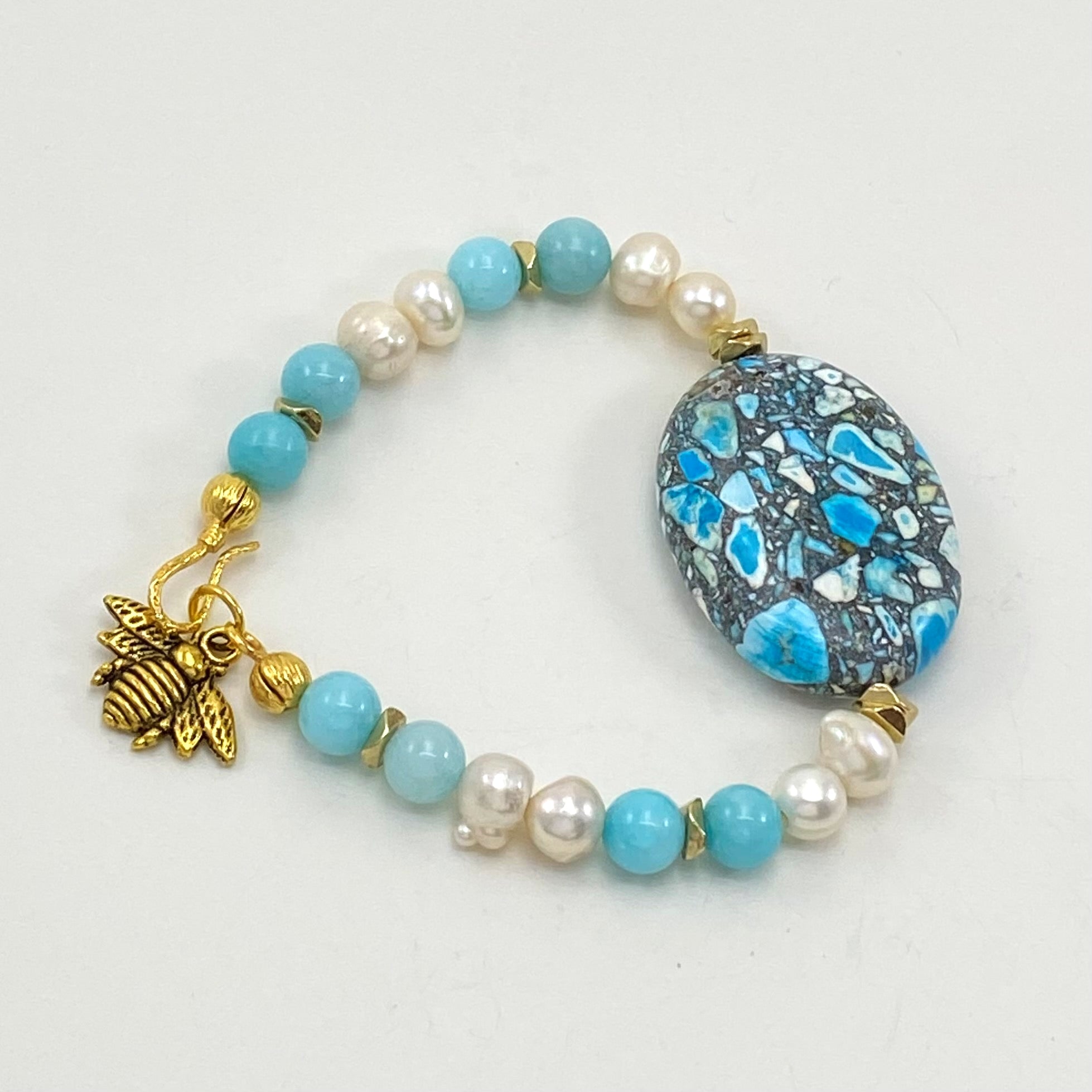 Light blue jasper, amazonite semiprecious gemstones with fresh water pearl bracelet and earring set