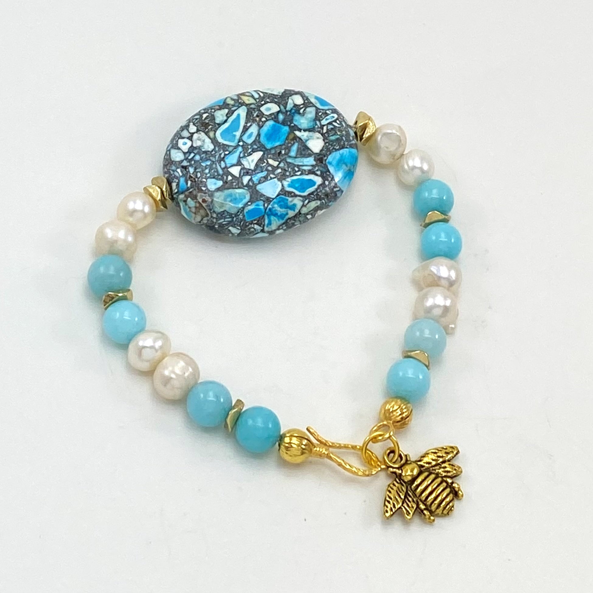 Light blue jasper, amazonite semiprecious gemstones with fresh water pearl bracelet and earring set