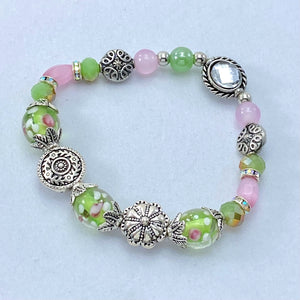 Pink and green lampwork glass beaded stretch bracelet and earring set