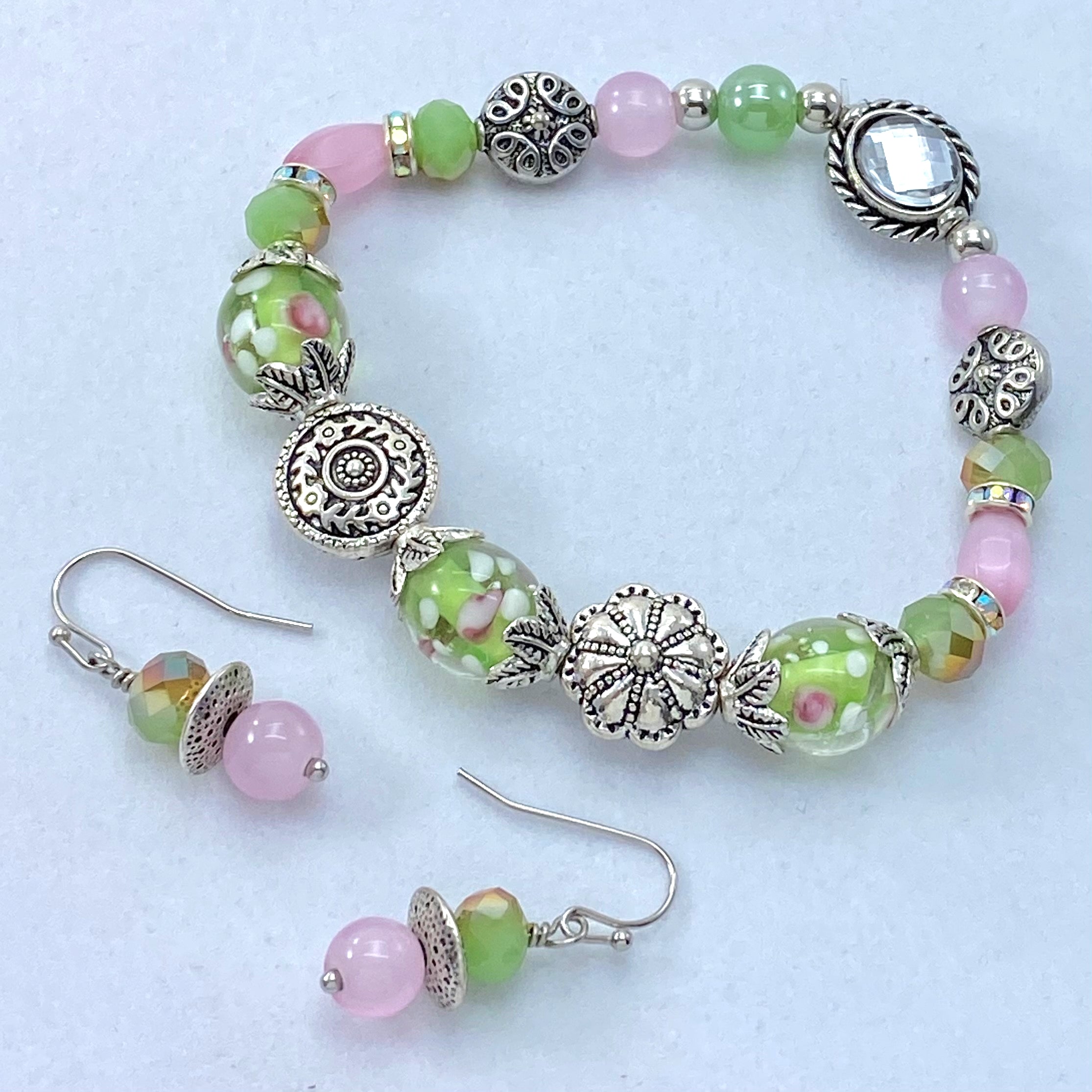 Pink and green lampwork glass beaded stretch bracelet and earring set