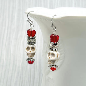 Skull earrings in white Wagnerite and red Czech glass heart beads