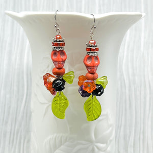 Skull earrings, orange, green, purple and black with rhinestone rondels and silver accents