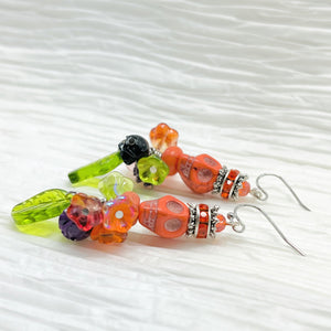 Skull earrings, orange, green, purple and black with rhinestone rondels and silver accents