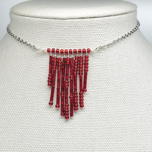 Macabre bloody choker necklace in red glass beads and silver accents