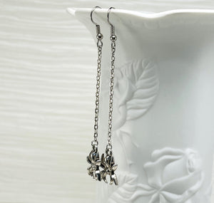 Creepy crawly long silver spider earrings