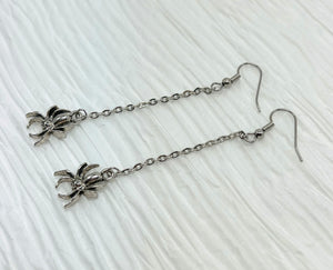 Creepy crawly long silver spider earrings