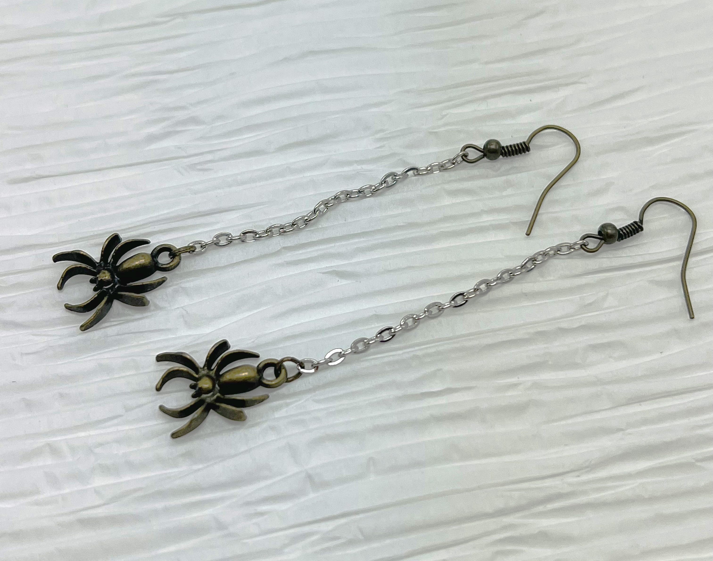 Creepy crawly antique bronze spider earrings