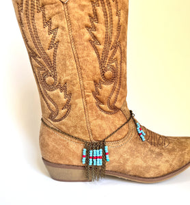 Boot jewelry, antique bronze and turquoise and red beads