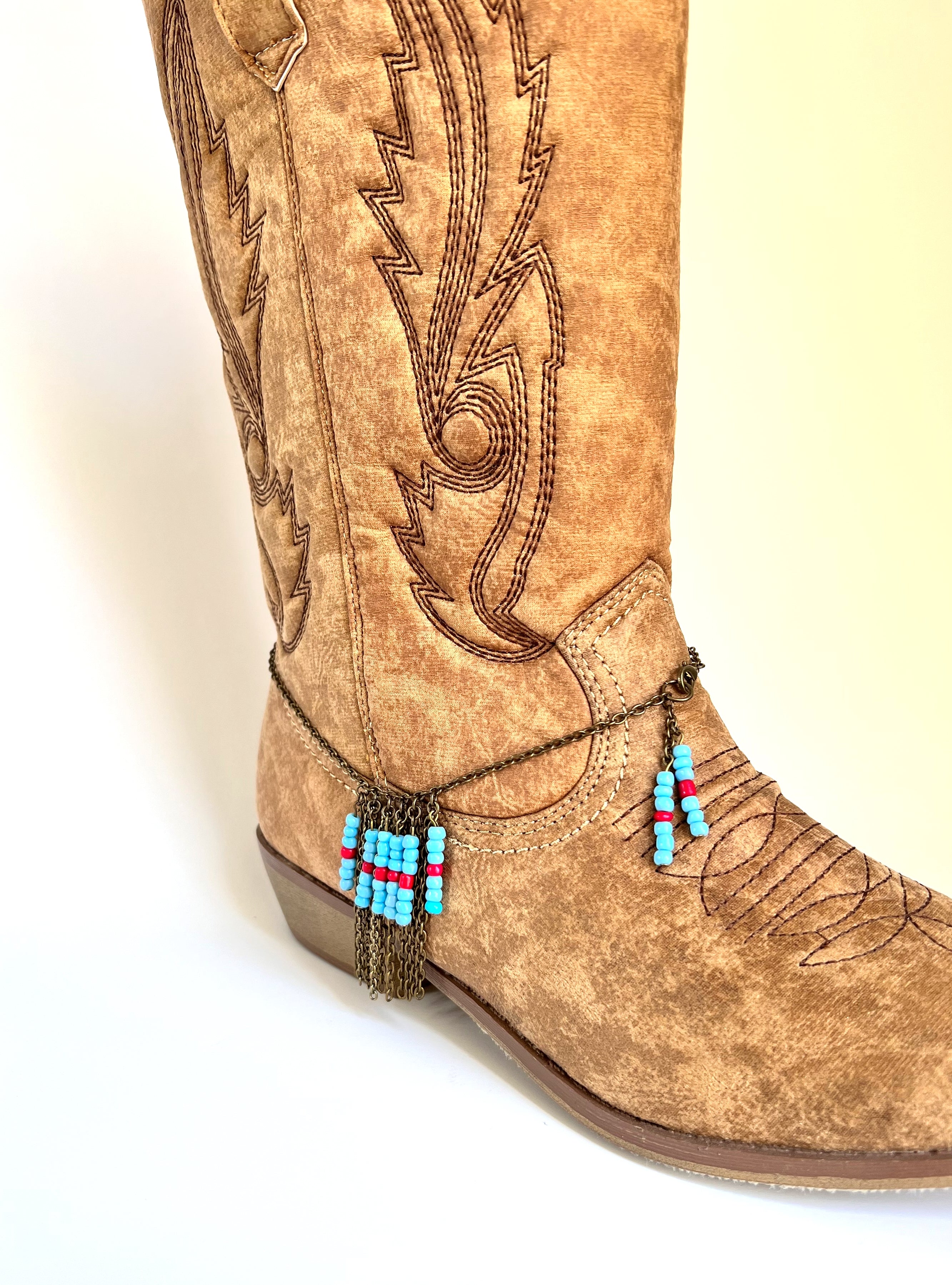 Boot jewelry, antique bronze and turquoise and red beads