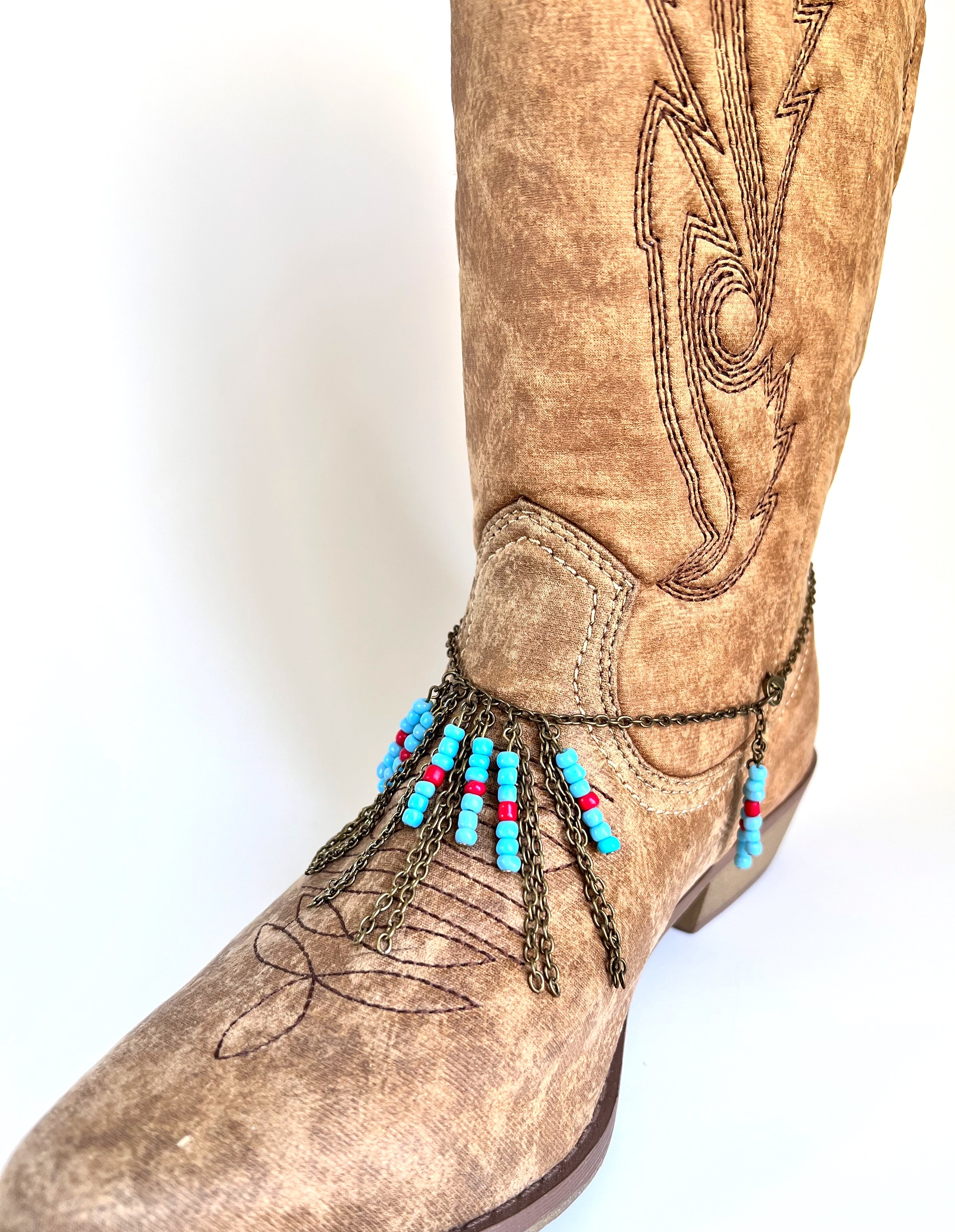 Boot jewelry, antique bronze and turquoise and red beads