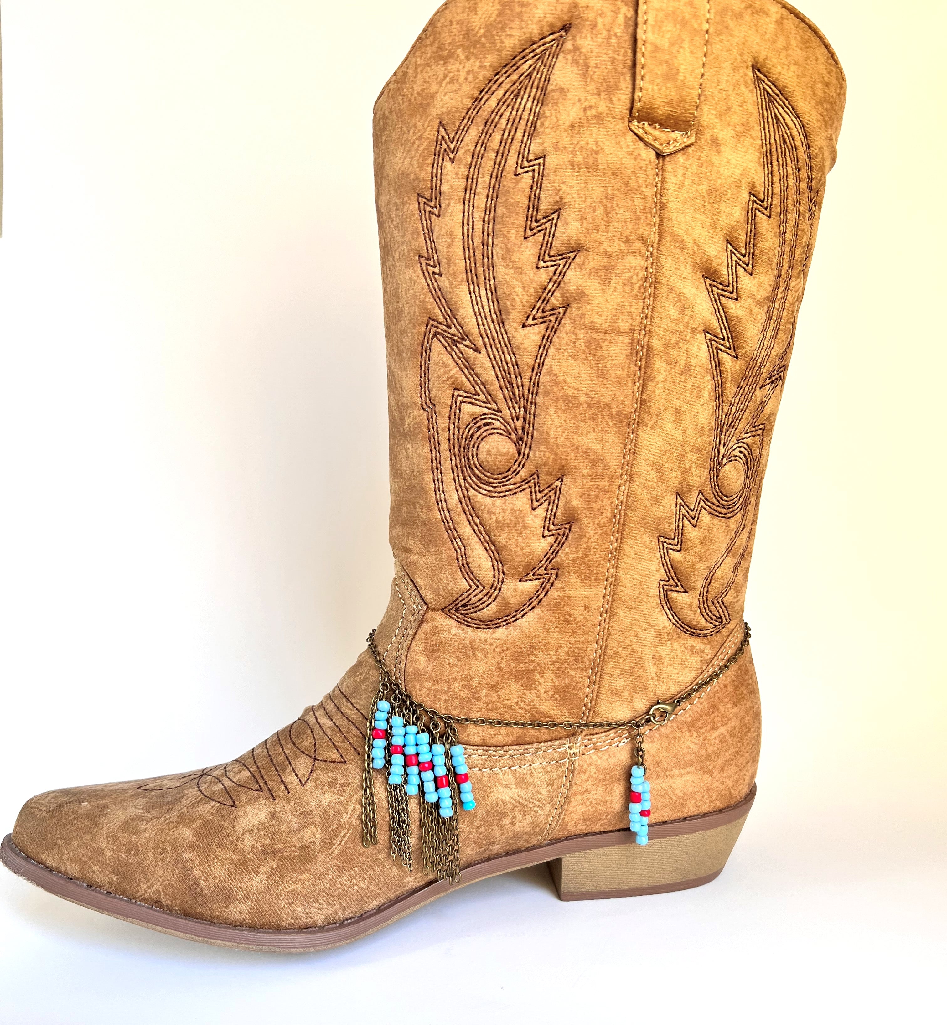 Boot jewelry, antique bronze and turquoise and red beads