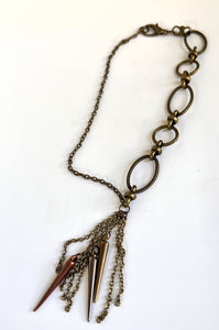 Boot jewelry, antique bronze chain attached to a decorative chain with silver, gold and bronze cone dangle