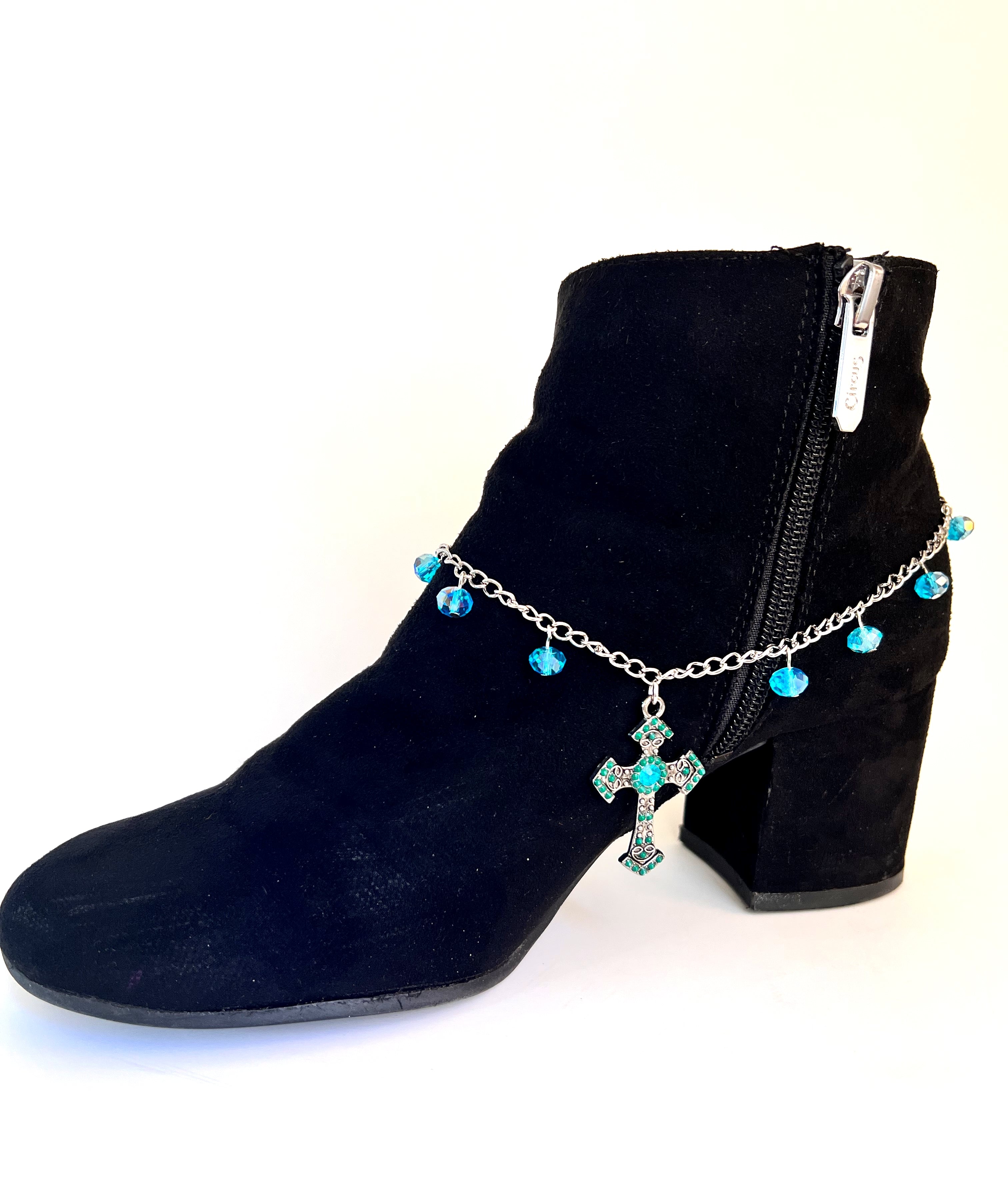 Boot jewelry, beautiful cross with turquoise colored stone and crystal inlay and crystal dangles