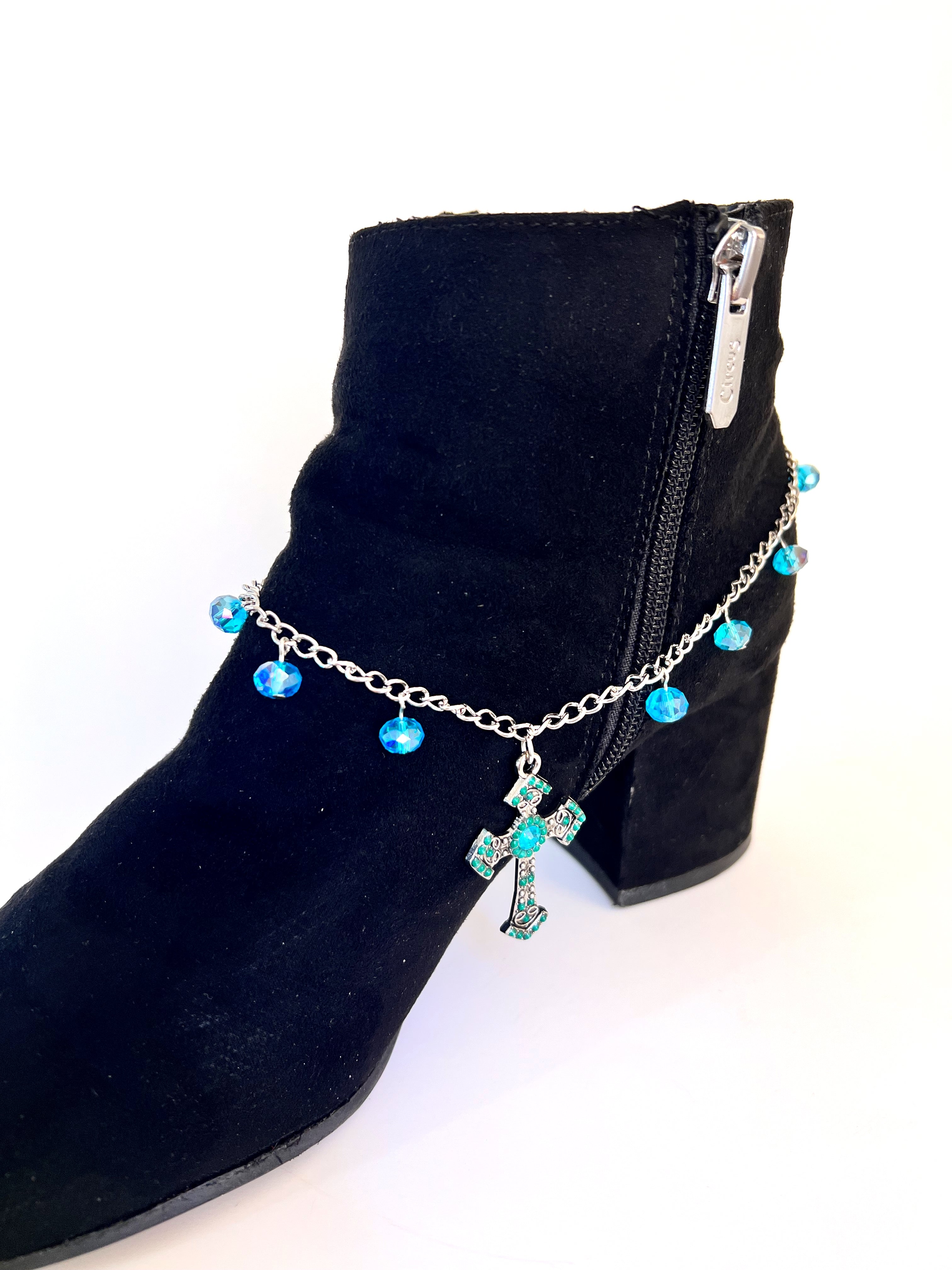 Boot jewelry, beautiful cross with turquoise colored stone and crystal inlay and crystal dangles