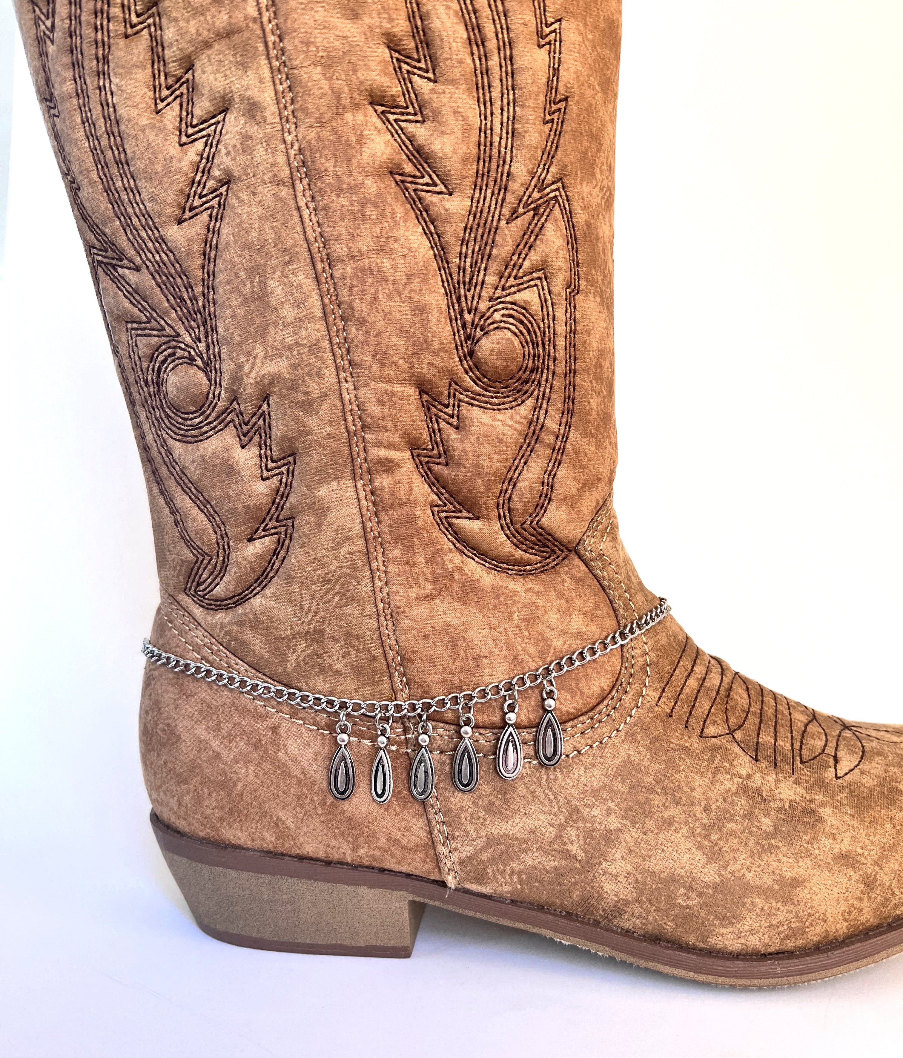 Boot jewelry, silver metal stainless steel chain with silver dangles and a lobster clasp