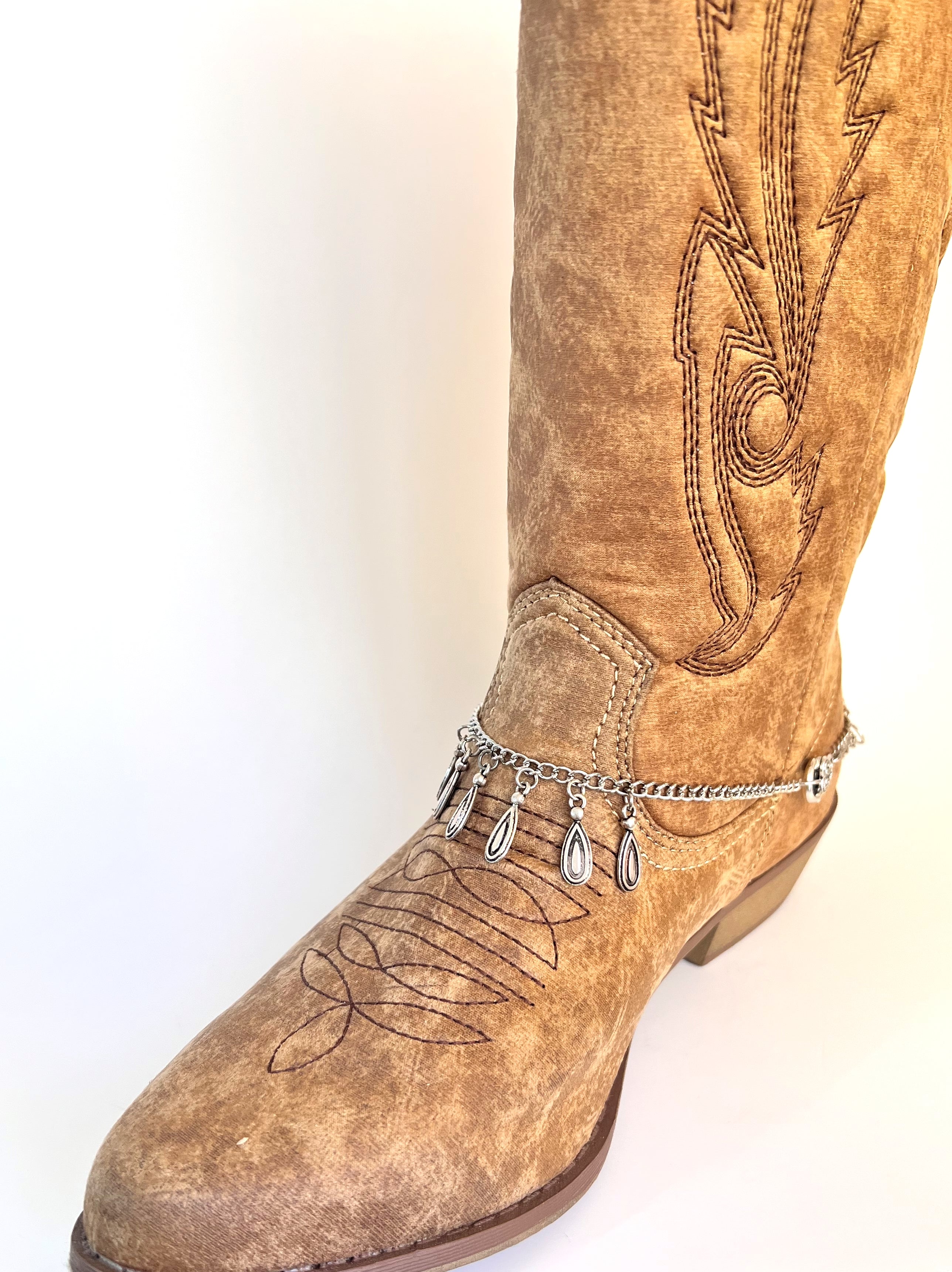 Boot jewelry, silver metal stainless steel chain with silver dangles and a lobster clasp