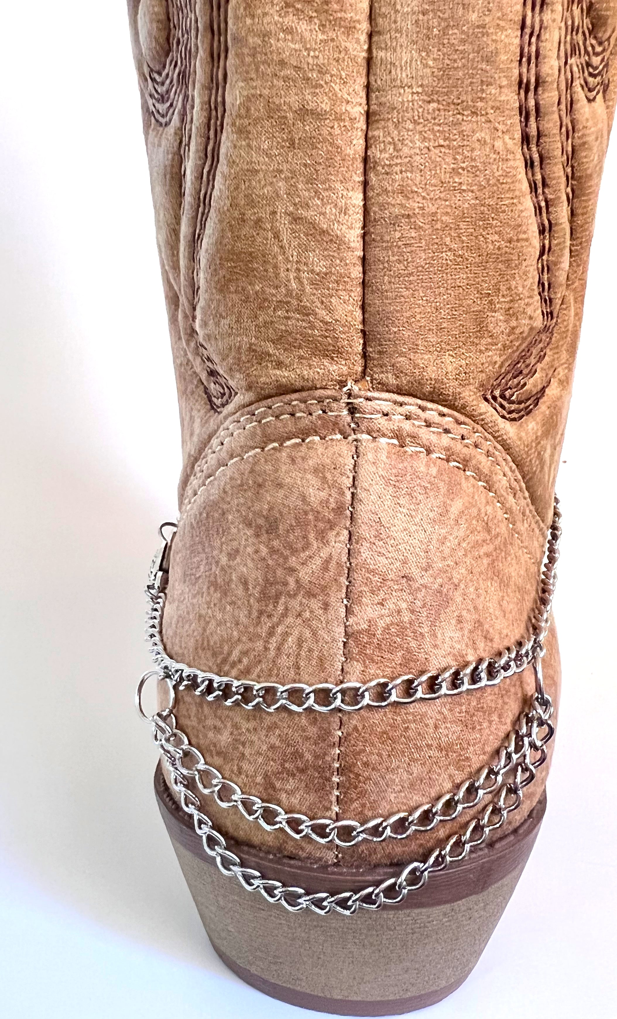 Boot jewelry, silver metal stainless steel chain with silver dangles and a lobster clasp