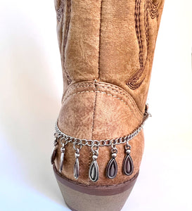 Boot jewelry, silver metal stainless steel chain with silver dangles and a lobster clasp