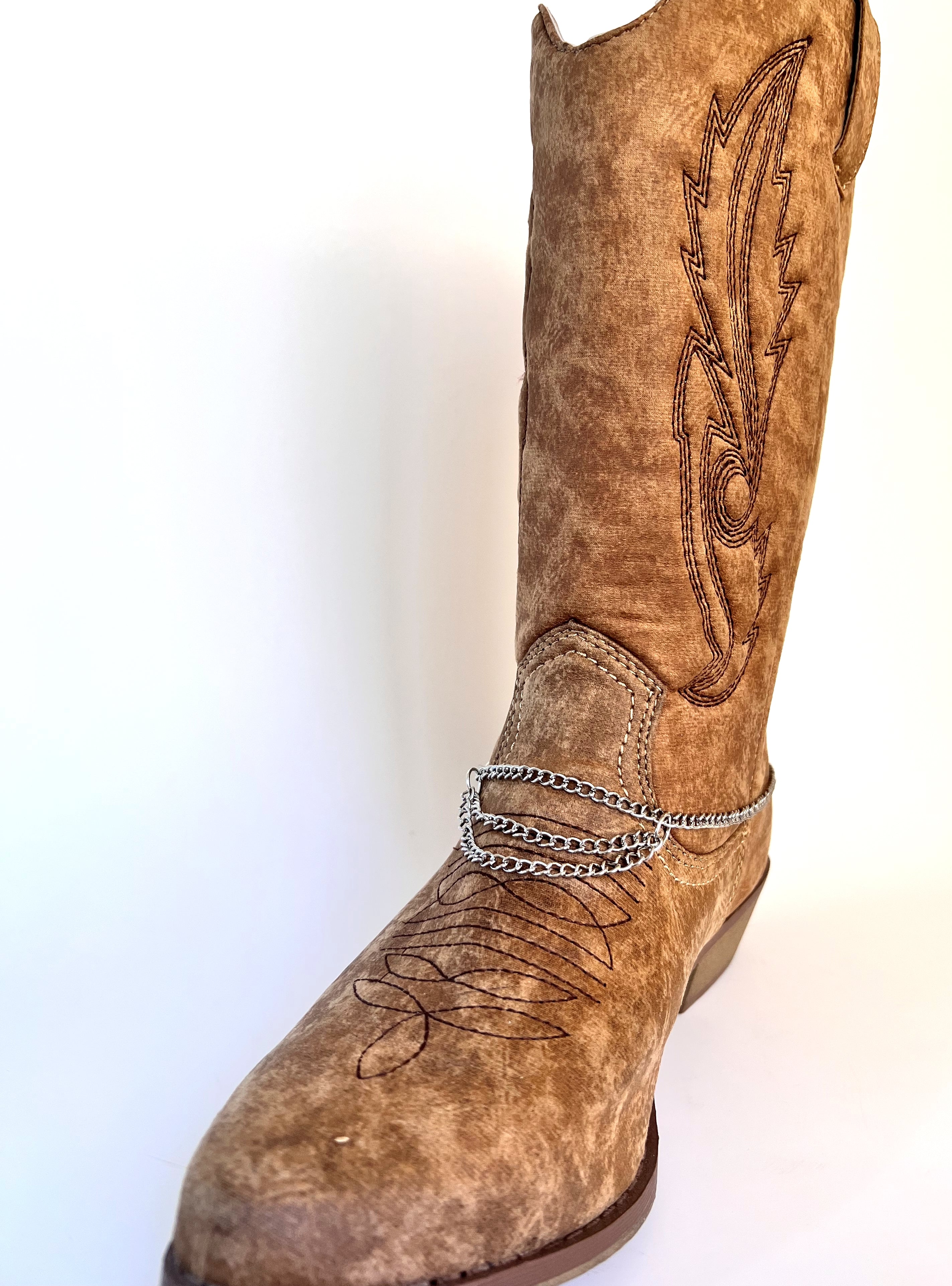 Boot jewelry, silver metal stainless steel chain with silver dangles and a lobster clasp