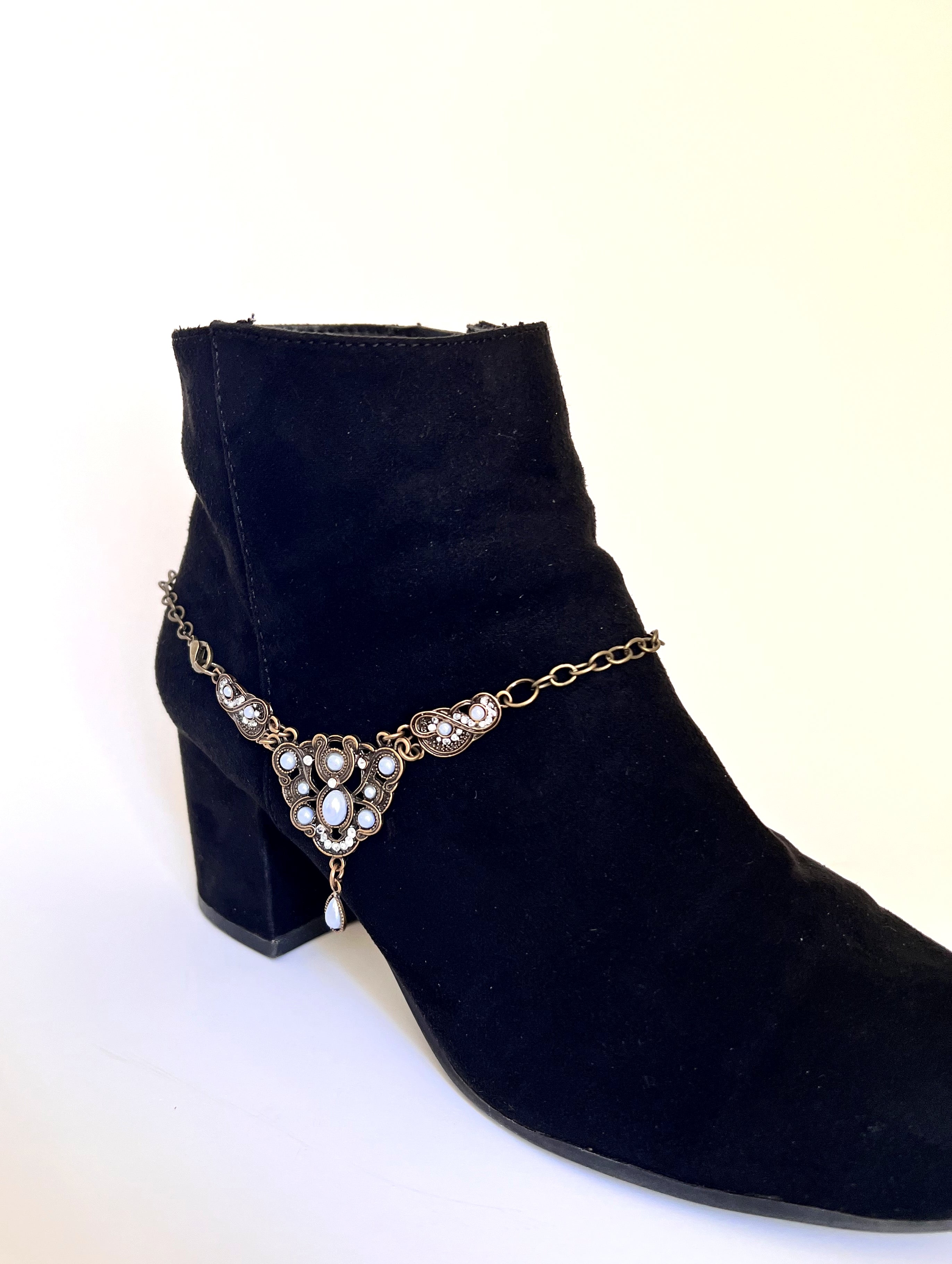 Boot jewelry, art deco antique bronze with pale blue faux pearl accents