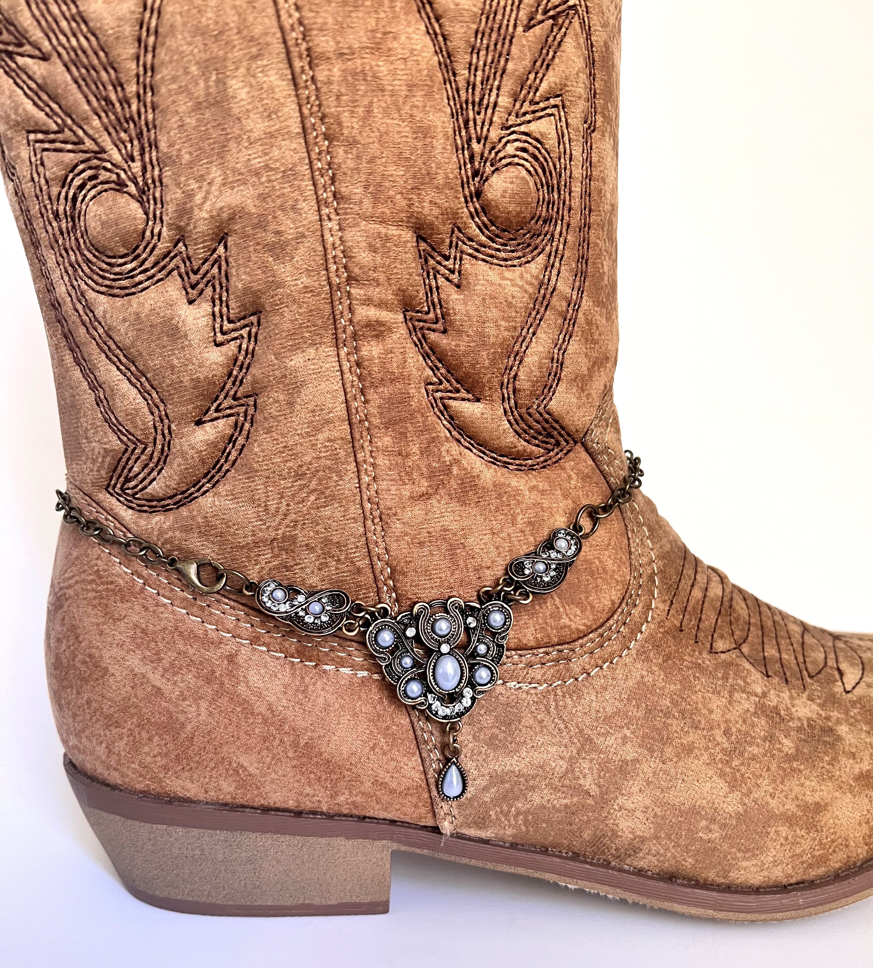 Boot jewelry, art deco antique bronze with pale blue faux pearl accents